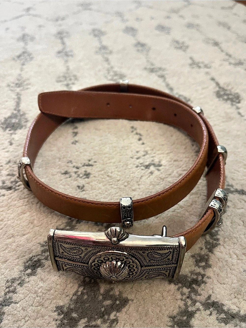 Engraved Western Silver Buckle Leather Belt